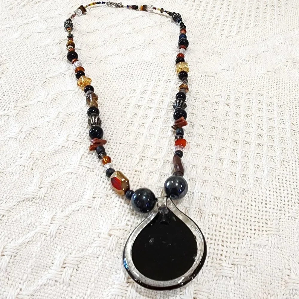 Artisan BOHO Earth Tone Large Blown Glass Swirl Pendant Beaded Long Necklace